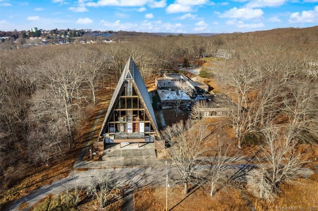 Aerial view of the chapel with the connected campus buildings behind it